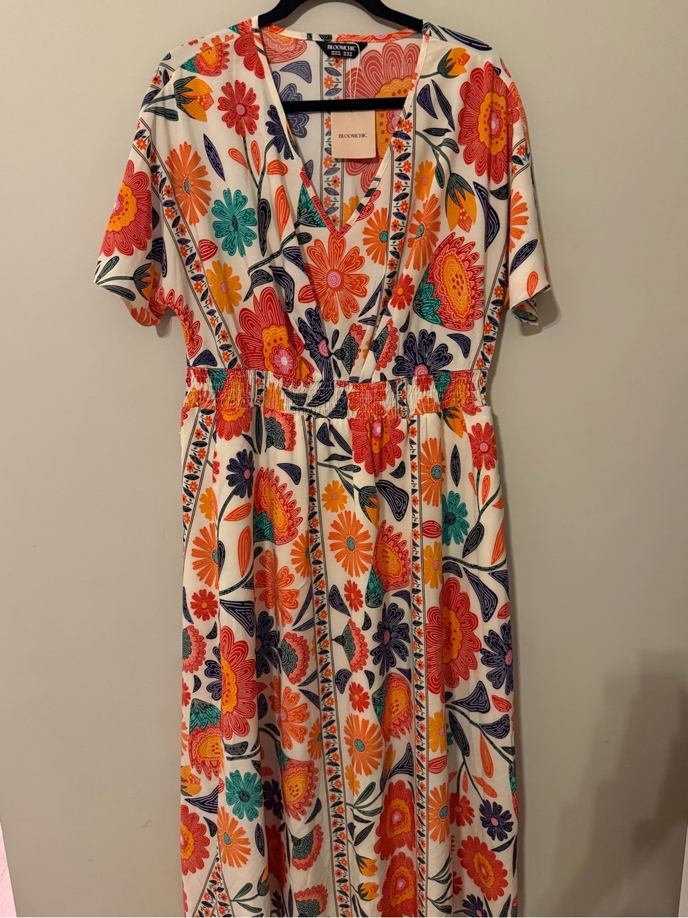 BloomChic Floral Wrap Maxi Dress - Cream with Orange, Teal & Navy Flowers - Picture 6 of 9